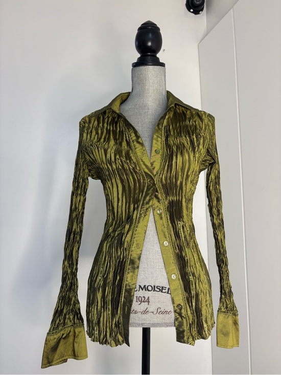 cleocleo Tops - Olive Green Textured Button-Down Blouse